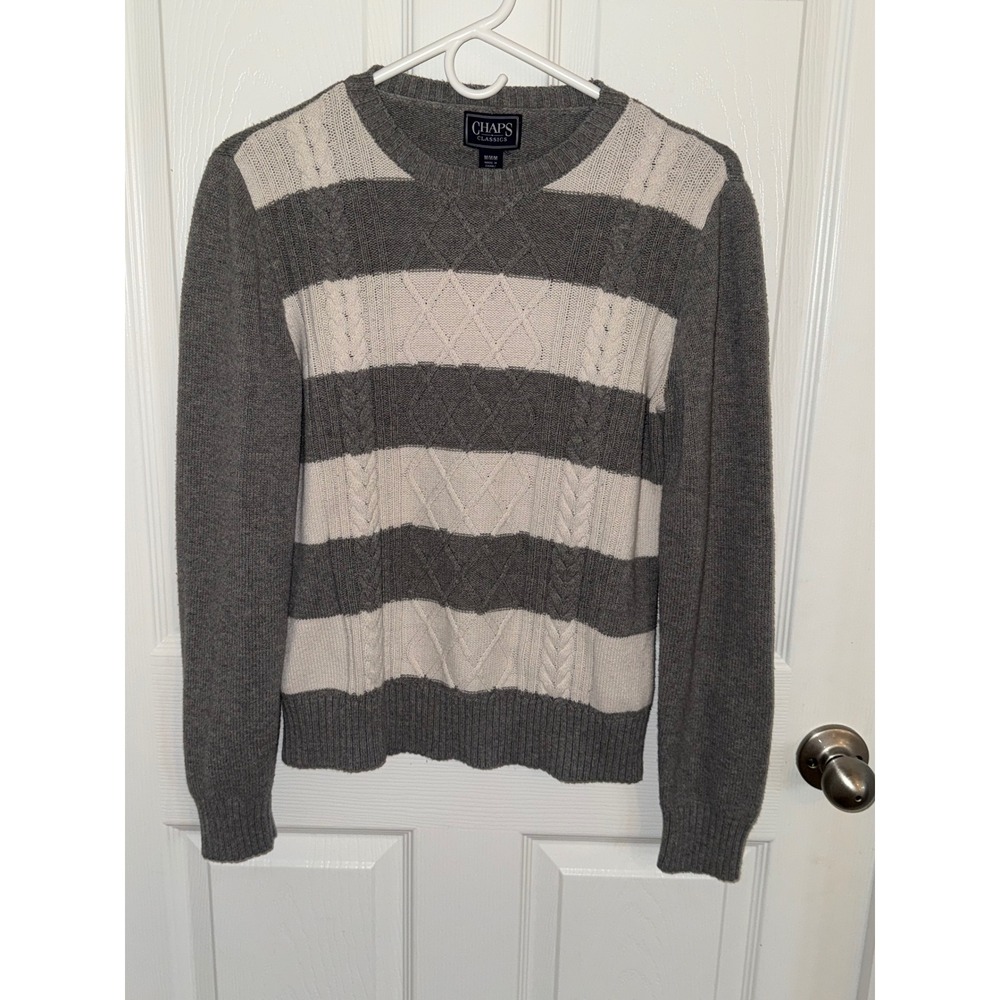 Chaps Classics Womens Medium Grey Cream Striped Cable Knit Crewneck Sweater